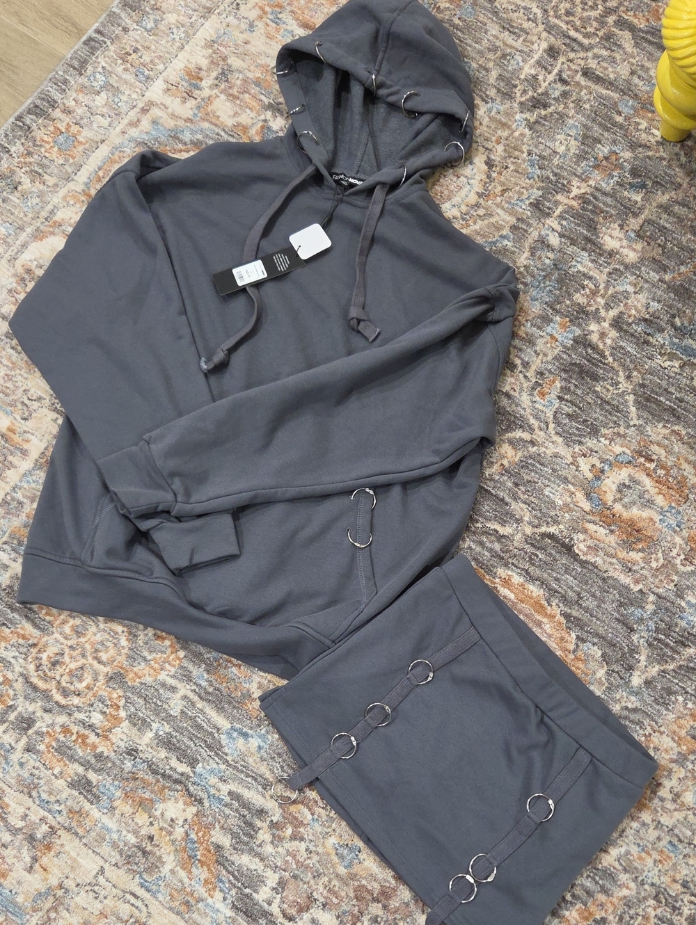 Womens Charcoal Gray Hoodie And Skort Set with Ring Detail
